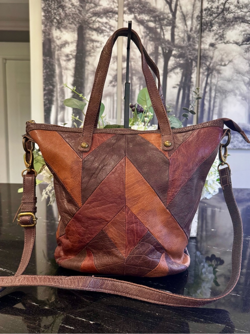 Lucky Brand Leather Patchwork Convertible Tote Crossbody Bag Brown